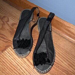 Clarks Women Black Wedge Slingback Peep Toe Fabric Sandals Shoes
